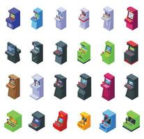 Retro arcade video game screen machine icons set isometric vector. Computer console vector