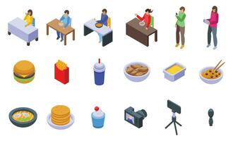 Mukbang icons set isometric vector. Blogger video food vector