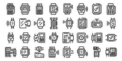 Payment with smart watches icons set outline vector. Nfc reader cashless vector