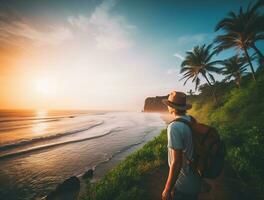 ai generado un fotografía de viajero o mochilero en el playa con un muchos estilo y muchos ángulo foto