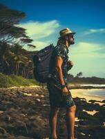 AI generated a photograph of traveler or backpaker in the beach with a many style and many angle photo