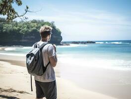 AI generated a photograph of traveler or backpaker in the beach with a many style and many angle photo