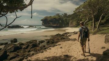 AI generated a photograph of traveler or backpaker in the beach with a many style and many angle photo