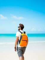 AI generated a photograph of traveler or backpaker in the beach with a many style and many angle photo