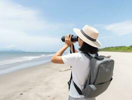 AI generated a photograph of traveler or backpaker in the beach with a many style and many angle photo