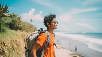AI generated a photograph of traveler or backpaker in the beach with a many style and many angle photo