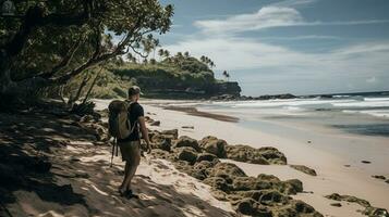 AI generated a photograph of traveler or backpaker in the beach with a many style and many angle photo