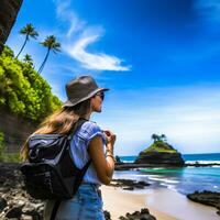 AI generated a photograph of traveler or backpaker in the beach with a many style and many angle photo