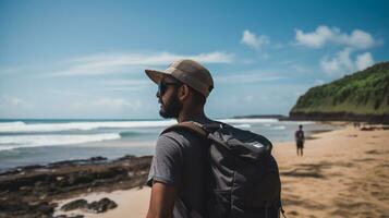 AI generated a photograph of traveler or backpaker in the beach with a many style and many angle photo