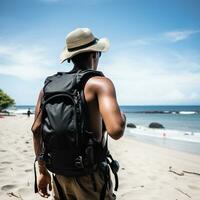 AI generated a photograph of traveler or backpaker in the beach with a many style and many angle photo