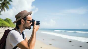 ai generado un fotografía de viajero o mochilero en el playa con un muchos estilo y muchos ángulo foto