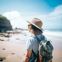 AI generated a photograph of traveler or backpaker in the beach with a many style and many angle photo