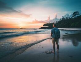AI generated a photograph of traveler or backpaker in the beach with a many style and many angle photo