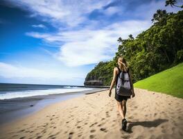 AI generated a photograph of traveler or backpaker in the beach with a many style and many angle photo