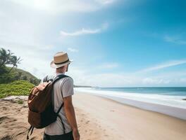 AI generated a photograph of traveler or backpaker in the beach with a many style and many angle photo