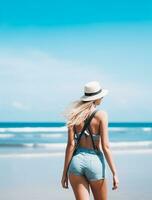 AI generated a photograph of traveler or backpaker in the beach with a many style and many angle photo