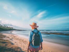 AI generated a photograph of traveler or backpaker in the beach with a many style and many angle photo