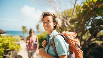 AI generated a photograph of traveler or backpaker in the beach with a many style and many angle photo