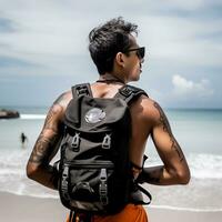 AI generated a photograph of traveler or backpaker in the beach with a many style and many angle photo