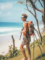 AI generated a photograph of traveler or backpaker in the beach with a many style and many angle photo