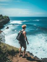 AI generated a photograph of traveler or backpaker in the beach with a many style and many angle photo