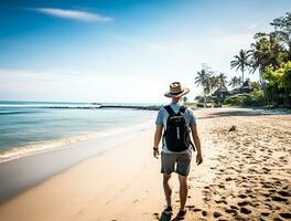 AI generated a photograph of traveler or backpaker in the beach with a many style and many angle photo