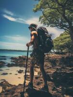 ai generado un fotografía de viajero o mochilero en el playa con un muchos estilo y muchos ángulo foto