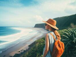 AI generated a photograph of traveler or backpaker in the beach with a many style and many angle photo