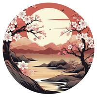 AI generated Cherry blossoms in the sunset background. Japanese tattoo style. AI Generated photo