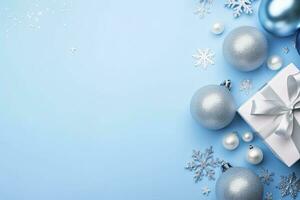 AI generated Christmas Eve concept. Top view photo of blue and silver baubles snowflake ornaments stylish present boxes and confetti. AI Generated