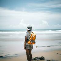 AI generated a photograph of traveler or backpaker in the beach with a many style and many angle photo