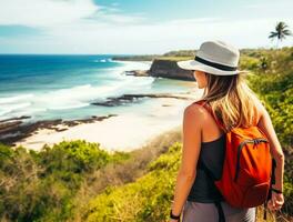 AI generated a photograph of traveler or backpaker in the beach with a many style and many angle photo