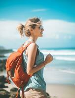 AI generated a photograph of traveler or backpaker in the beach with a many style and many angle photo