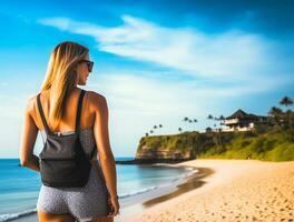 AI generated a photograph of traveler or backpaker in the beach with a many style and many angle photo