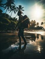 ai generado un fotografía de viajero o mochilero en el playa con un muchos estilo y muchos ángulo foto