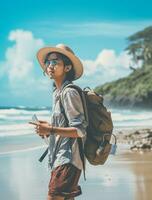AI generated a photograph of traveler or backpaker in the beach with a many style and many angle photo