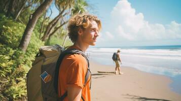 AI generated a photograph of traveler or backpaker in the beach with a many style and many angle photo
