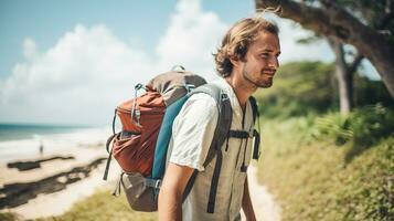 AI generated a photograph of traveler or backpaker in the beach with a many style and many angle photo