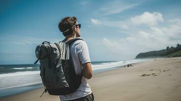 AI generated a photograph of traveler or backpaker in the beach with a many style and many angle photo