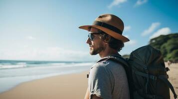AI generated a photograph of traveler or backpaker in the beach with a many style and many angle photo
