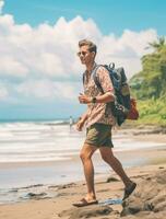 AI generated a photograph of traveler or backpaker in the beach with a many style and many angle photo