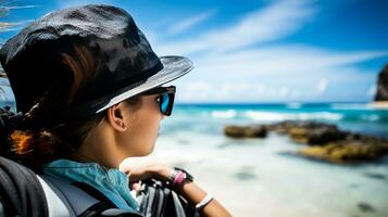 AI generated a photograph of traveler or backpaker in the beach with a many style and many angle photo