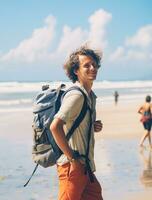 AI generated a photograph of traveler or backpaker in the beach with a many style and many angle photo