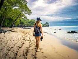 AI generated a photograph of traveler or backpaker in the beach with a many style and many angle photo