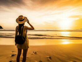 AI generated a photograph of traveler or backpaker in the beach with a many style and many angle photo