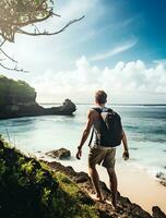 AI generated a photograph of traveler or backpaker in the beach with a many style and many angle photo