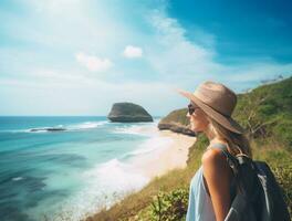 AI generated a photograph of traveler or backpaker in the beach with a many style and many angle photo