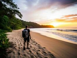 AI generated a photograph of traveler or backpaker in the beach with a many style and many angle photo
