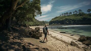 AI generated a photograph of traveler or backpaker in the beach with a many style and many angle photo