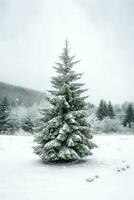 pino arboles o decorado Navidad árbol cubierto por nieve en hermosa invierno. Navidad tema al aire libre por ai generado foto